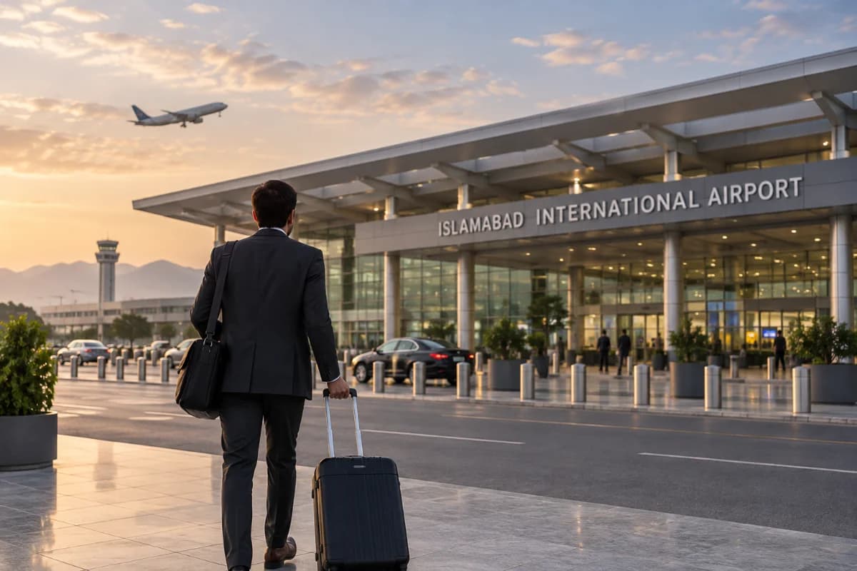 Business traveler with a suitcase walking toward Islamabad International Airport at sunrise as a plane departs overhead